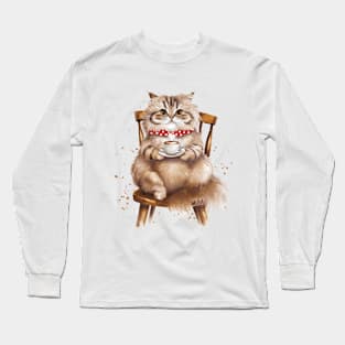 Cat drinking coffee-Watercolor Illustration Long Sleeve T-Shirt